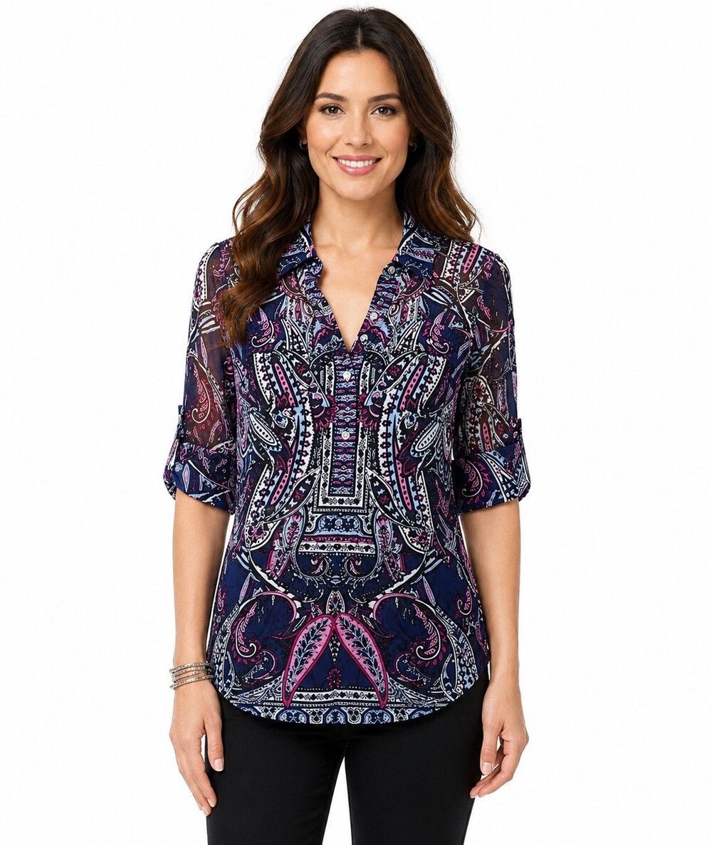 INC International Concepts Petite Large Navy Pink Paisley Sheer Tunic Blouse PL